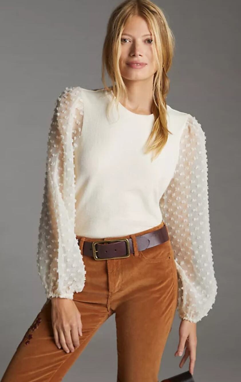 MAEVE Textured Sleeve Top Off White Sheer Mix Media Long Sleeve Women's XS